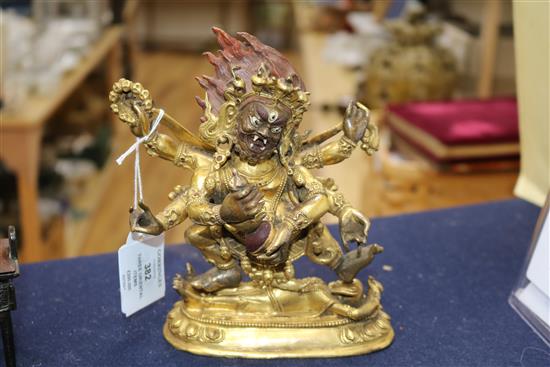 A gilt Tibetan bronze deity, a bronze figure of Guandi and a miniature bronze censer